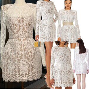 🆕 BRONX & BANCO 🧿 NWOT Casey White Lace Long Sleeve Mini Dress, Sz L / US 8